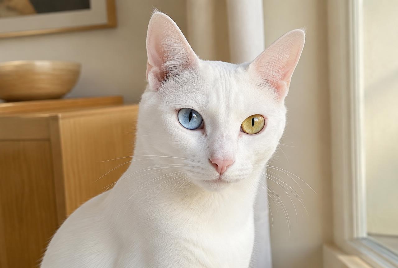 Close portrait of a pure white Khao Manee cat with one blue eye and one gold eye