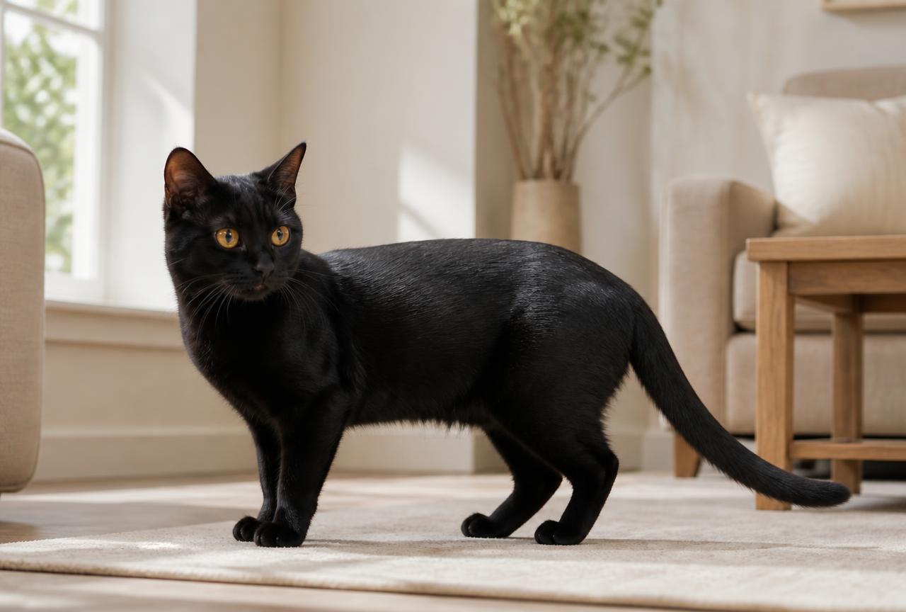 A Bombay cat in a bright living room showing its sleek black coat and copper eyes