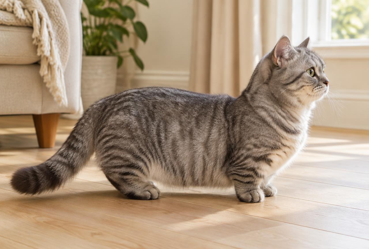 A grey tabby Munchkin cat standing on an oak floor showing its short legs