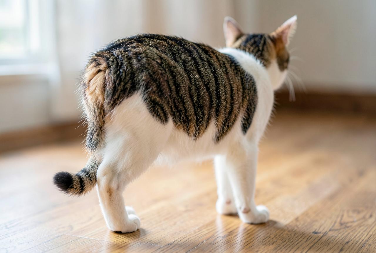 Rear view of a tailless Manx cat showing its rounded rump and absent tail.