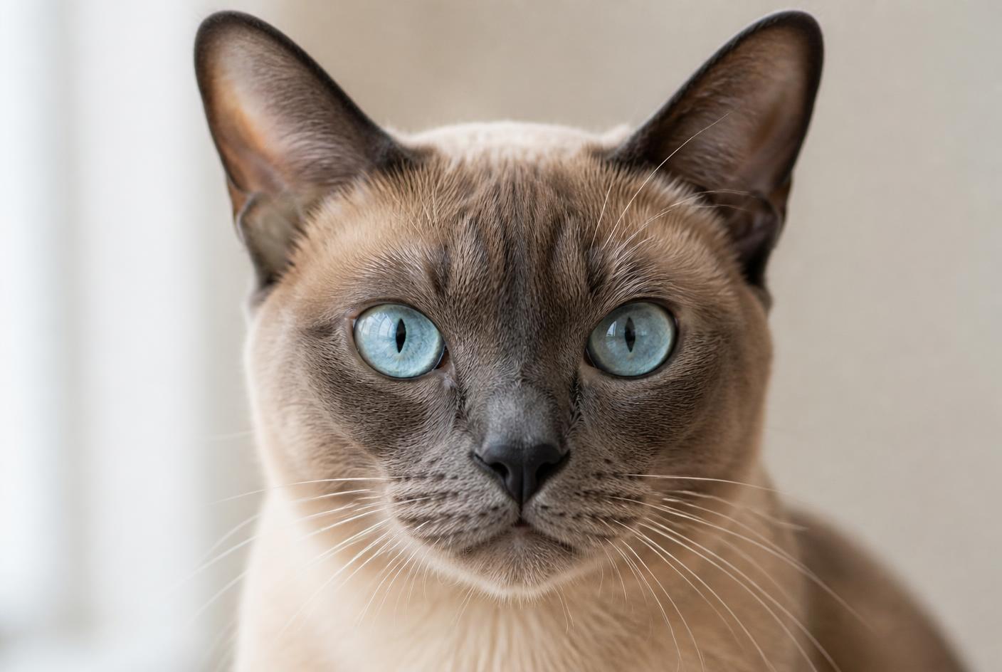 A platinum Tonkinese cat with aqua eyes and a compact rounded body sitting in soft window light.