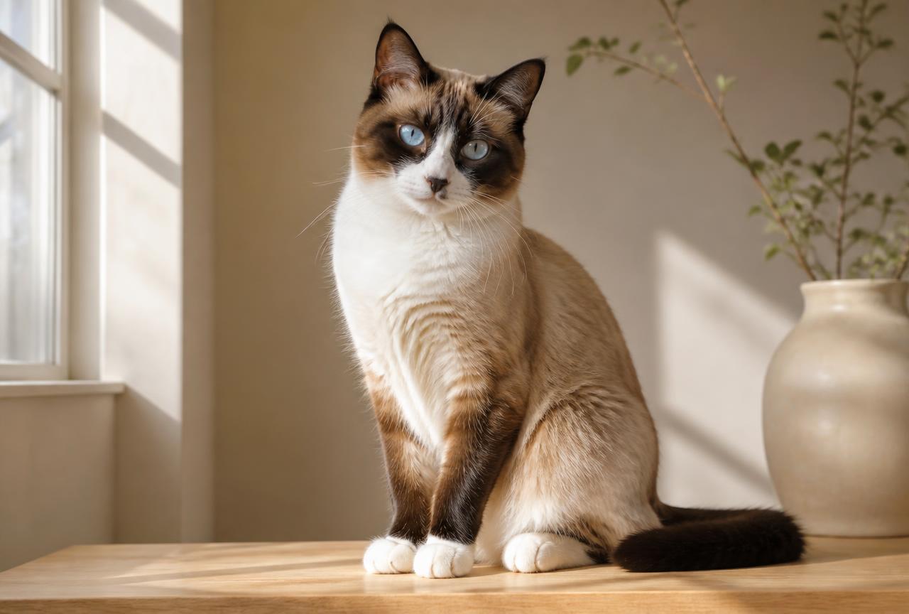 A Snowshoe cat with cream body, dark seal points and white paws on a wooden table