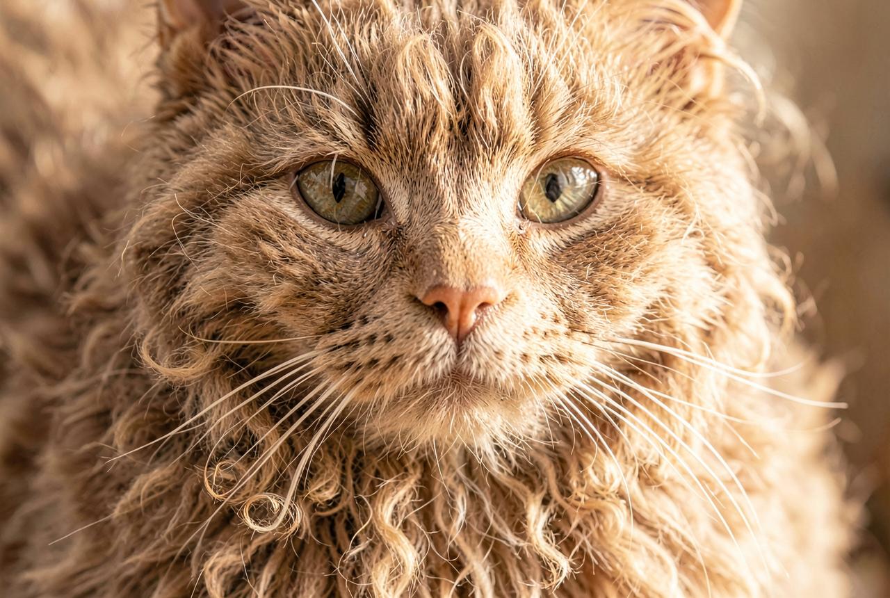 Close-up of a Selkirk Rex's loose curly coat and curled whiskers.