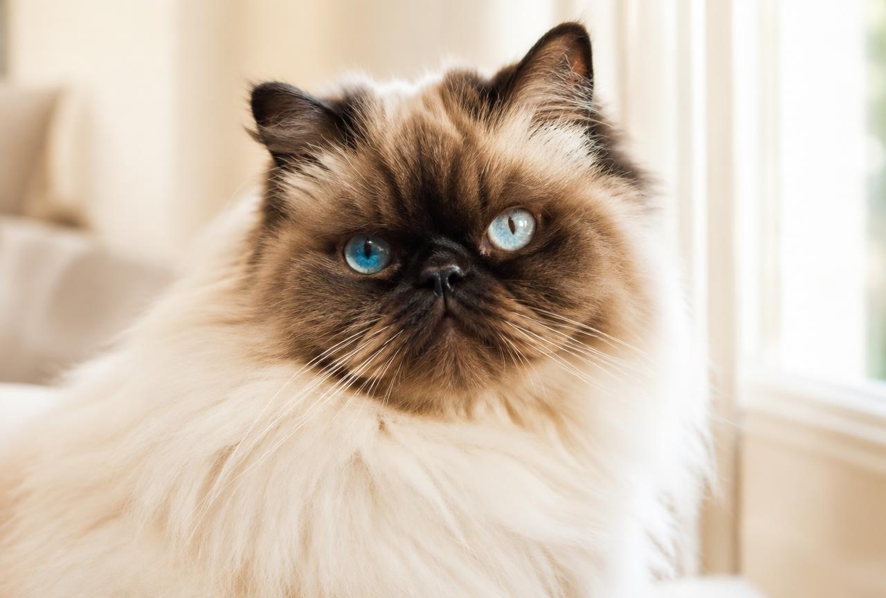 Close portrait of a Himalayan cat with a dark seal mask, blue eyes and long cream fur