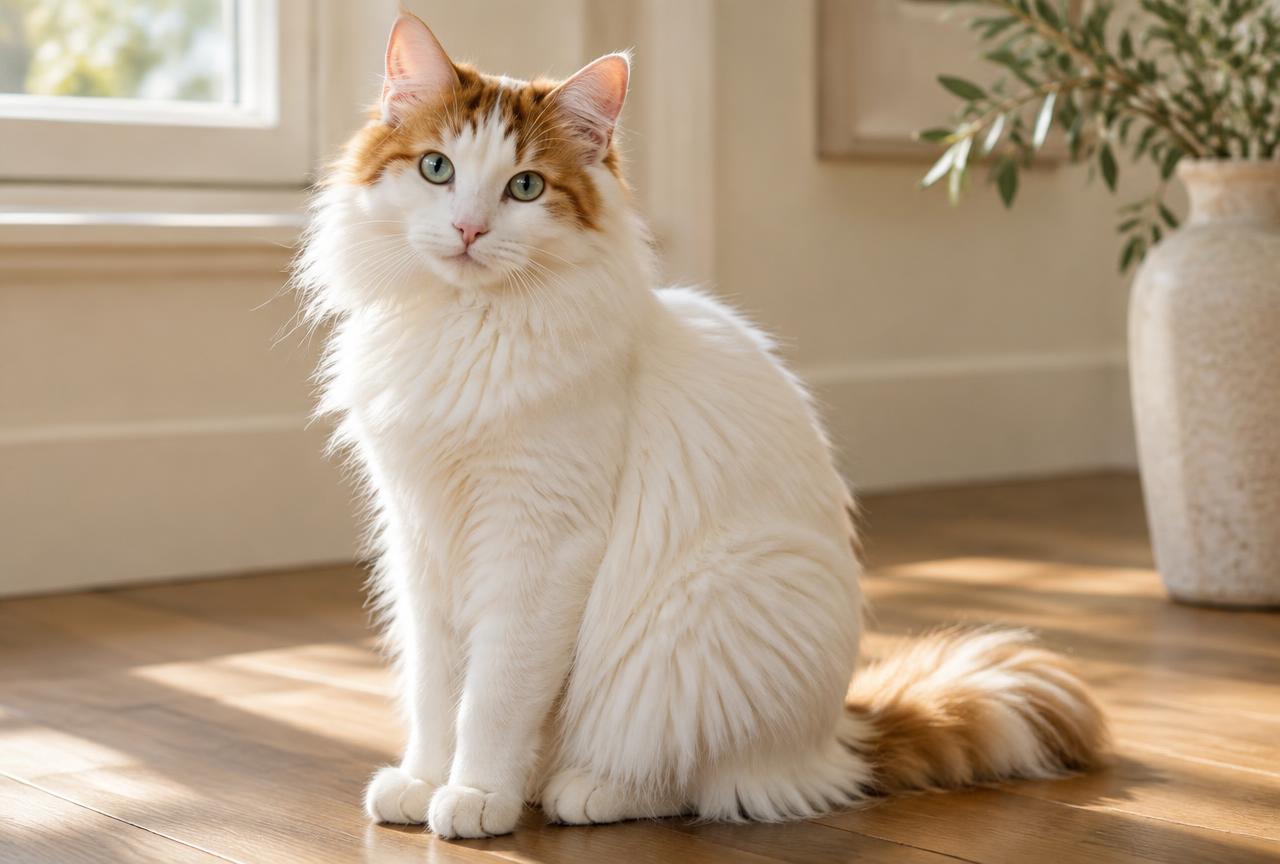 A white Turkish Van cat with auburn head markings and a plumed tail sitting on an oak floor
