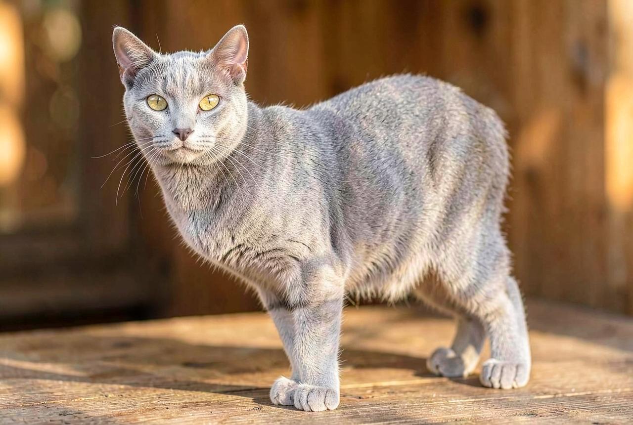 A Korat sitting beside a measuring tape, showing compact silver-blue body and large green eyes