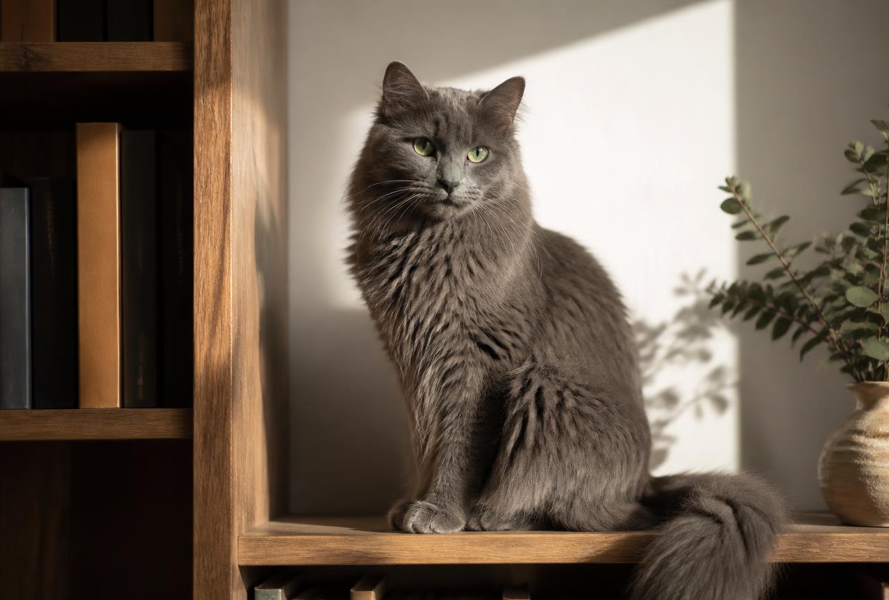 A Nebelung cat with long blue-grey fur and green eyes sitting on a bookshelf