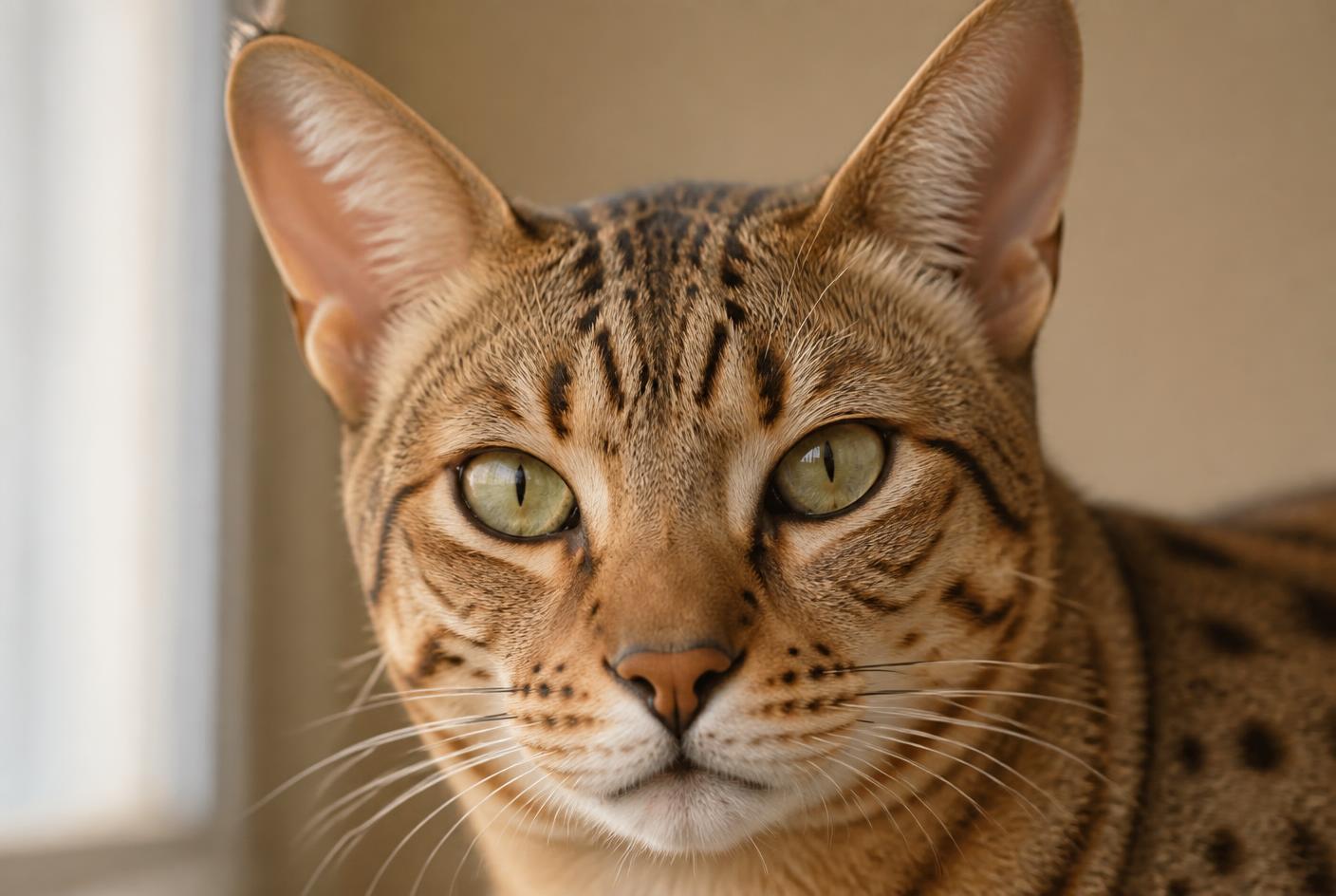 A tawny Ocicat with bold spots and long legs in an alert stance.