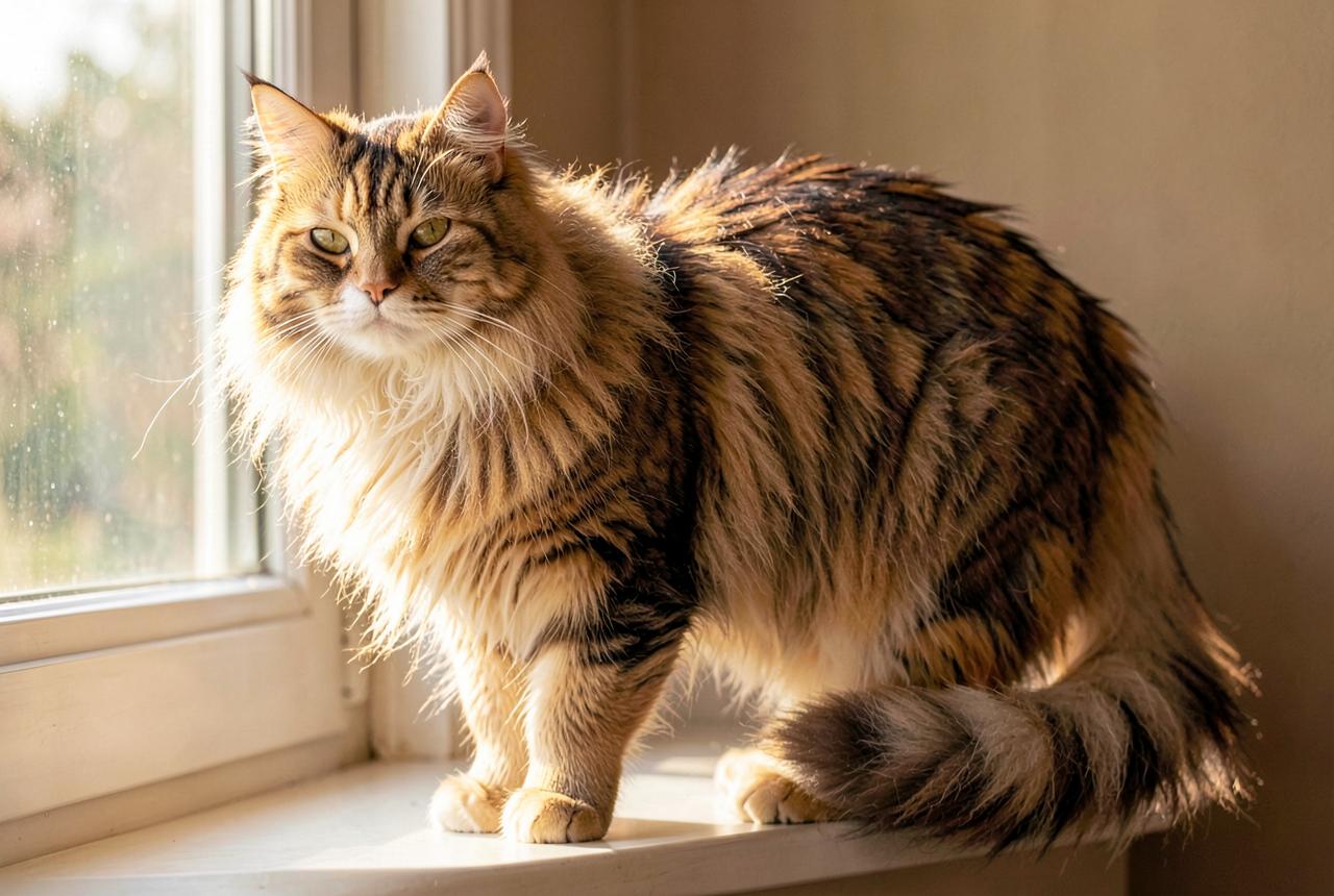 A longhaired mixed-breed cat sitting beside a grooming comb and a tape measure
