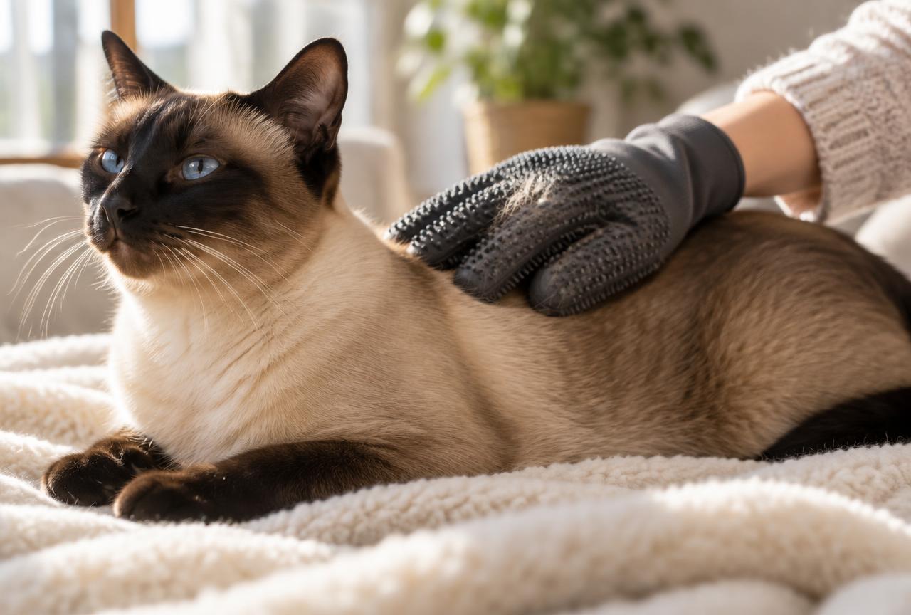 A seal-point cat lying on a cream sheepskin while a hand in a grey rubber grooming glove strokes along its back