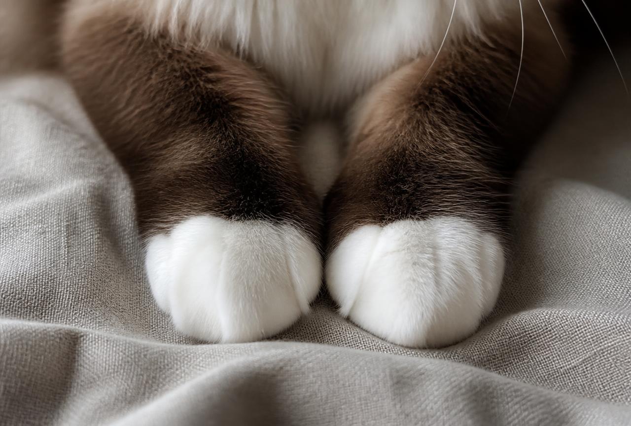 Close-up of a Birman cat's front paws showing symmetrical white gloves against seal-brown legs