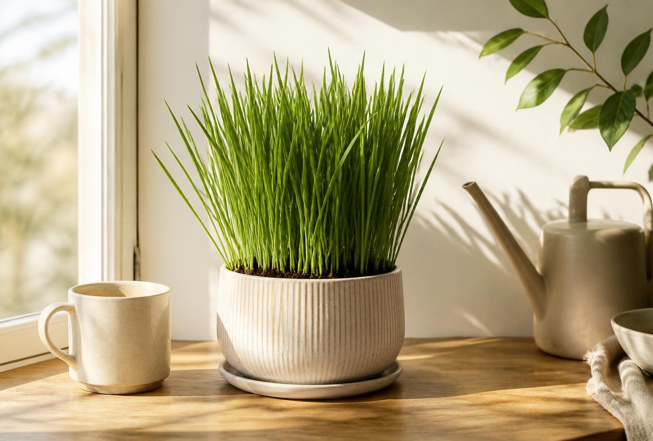 A lush pot of cat grass on a sunlit windowsill beside a ceramic mug