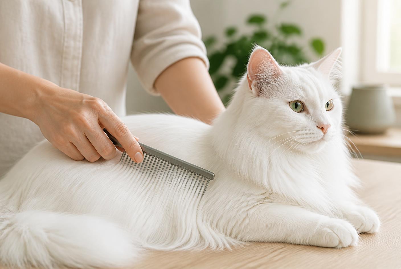 A Turkish Angora being combed gently, showing its fine single-layer coat.