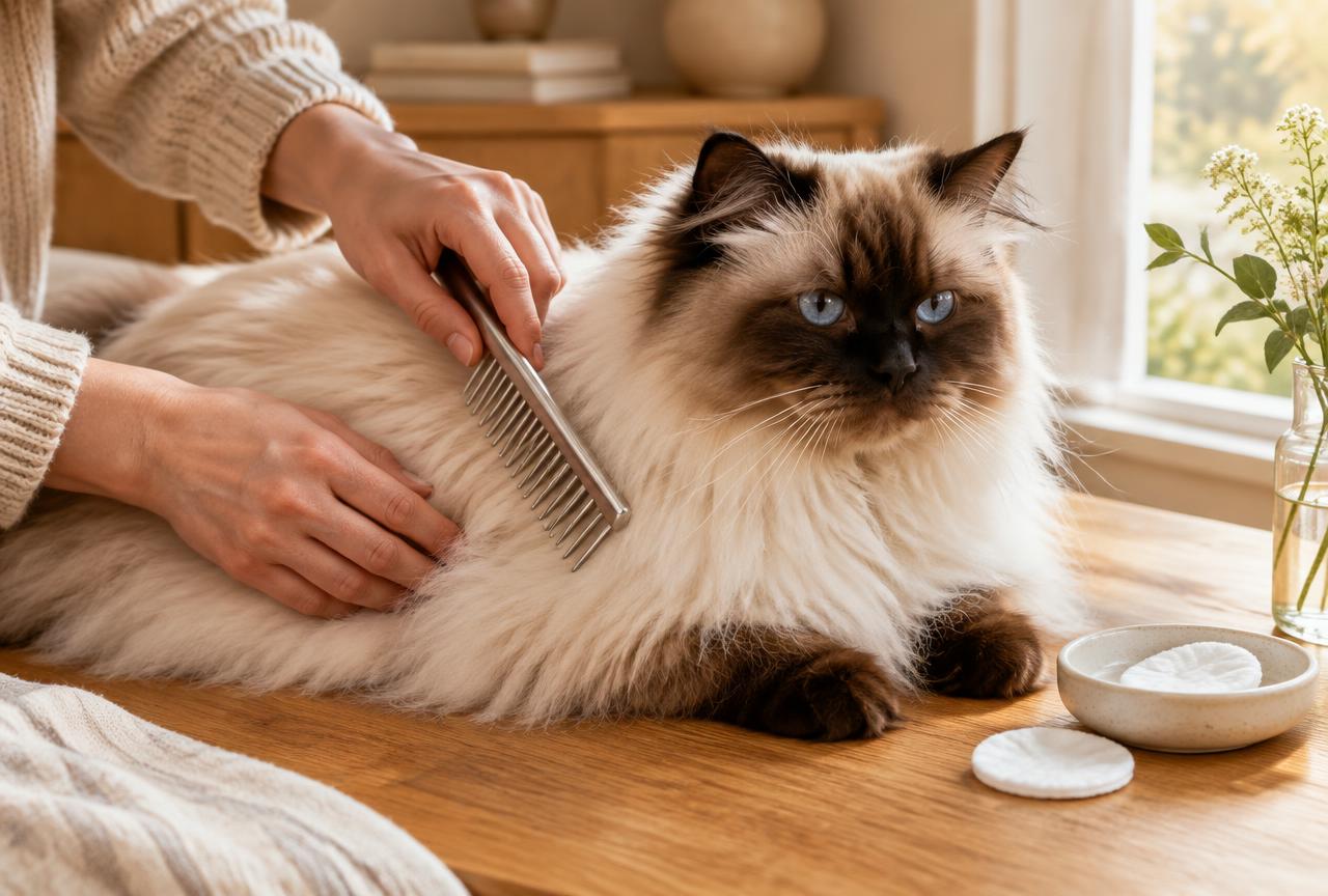 Hands combing the long cream coat of a Himalayan cat with a metal comb beside cotton pads