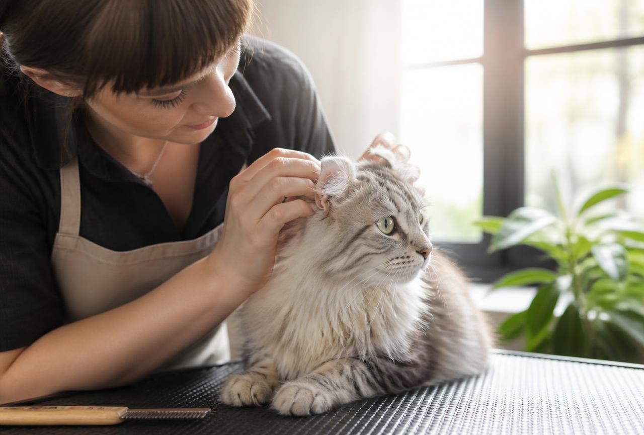 A person gently checking the ears of an American Curl cat during grooming