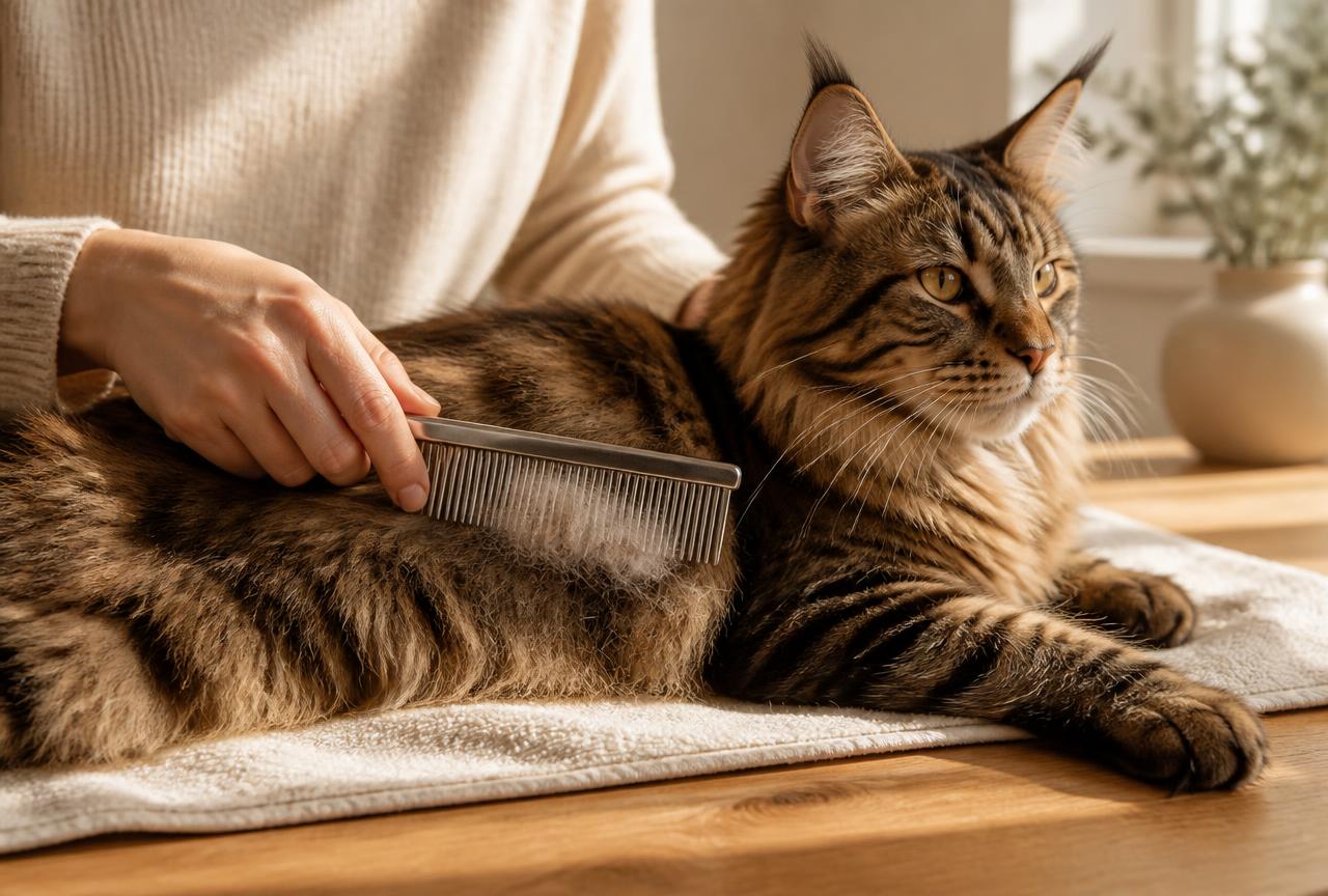 Hands combing the flank of a relaxed Maine Coon with a wide-tooth metal comb, loose fur caught in the teeth