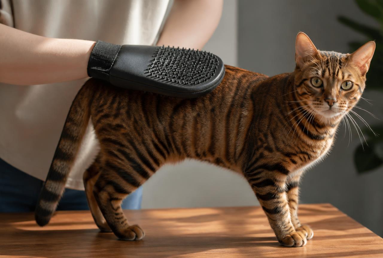 A person brushing the short striped coat of a Toyger cat with a rubber grooming mitt