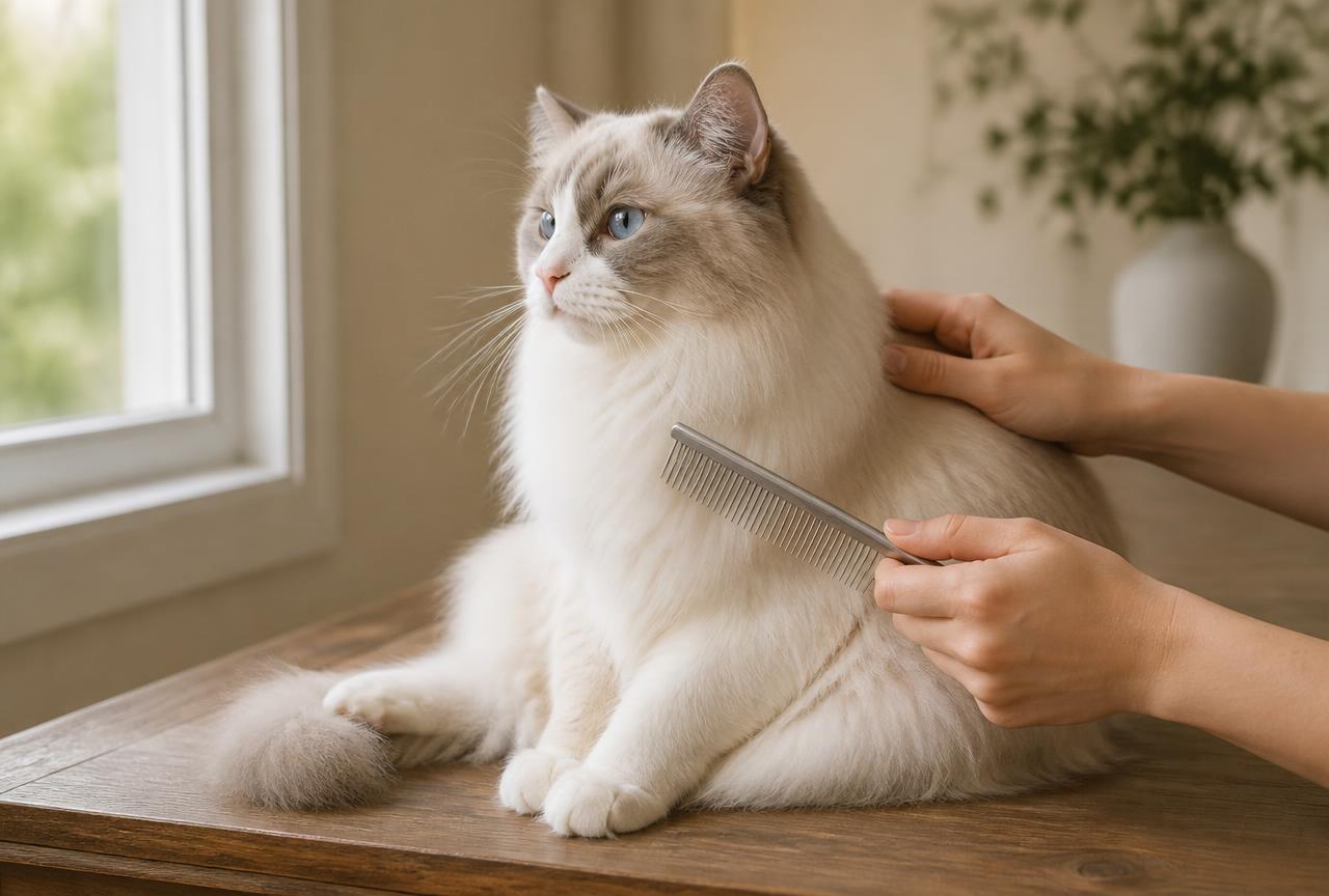A person combing a calm Ragdoll cat''s silky coat with a steel comb on a wooden table beside a window