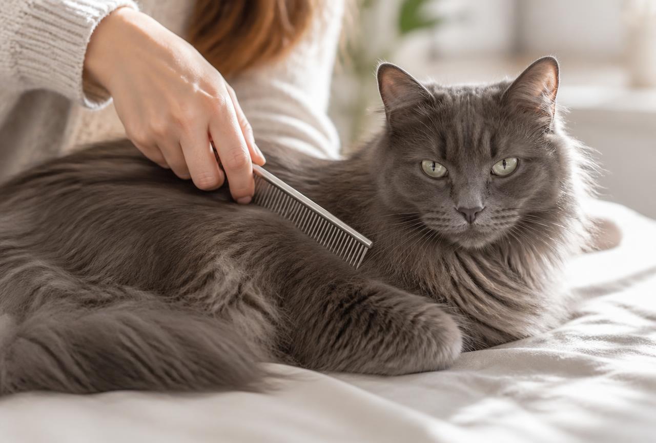 A person combing the long silky coat of a Nebelung cat with a metal comb