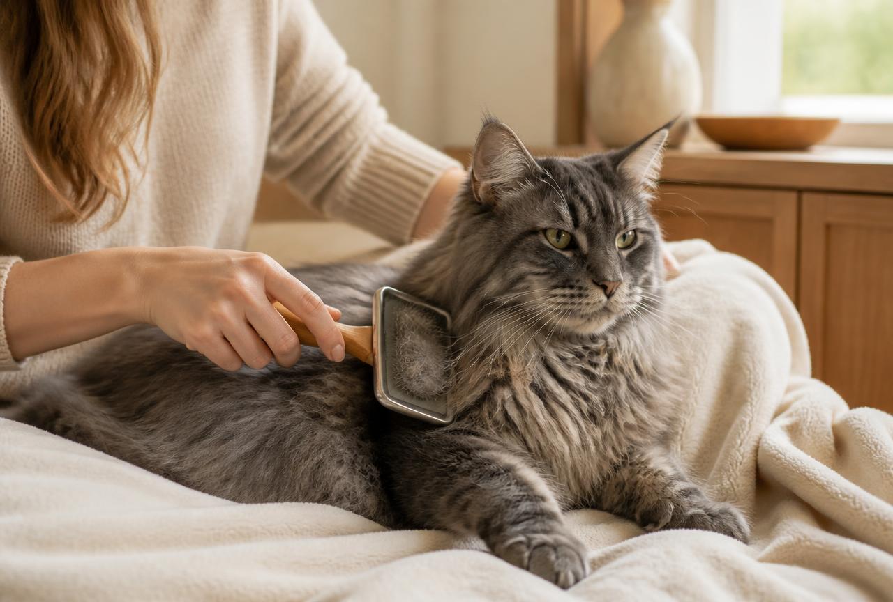 A long-haired grey cat being brushed on a cream blanket