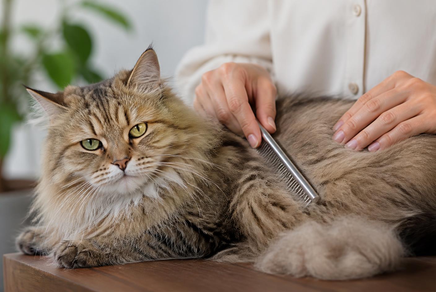 Hands combing a Siberian cat with a metal comb, loose undercoat visible