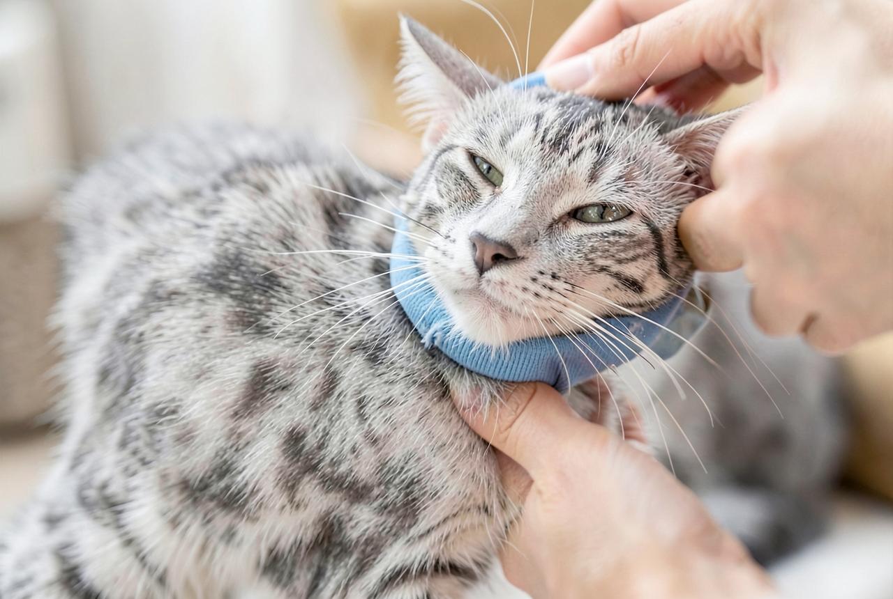 Hands grooming a silver spotted Egyptian Mau with a rubber grooming mitt.