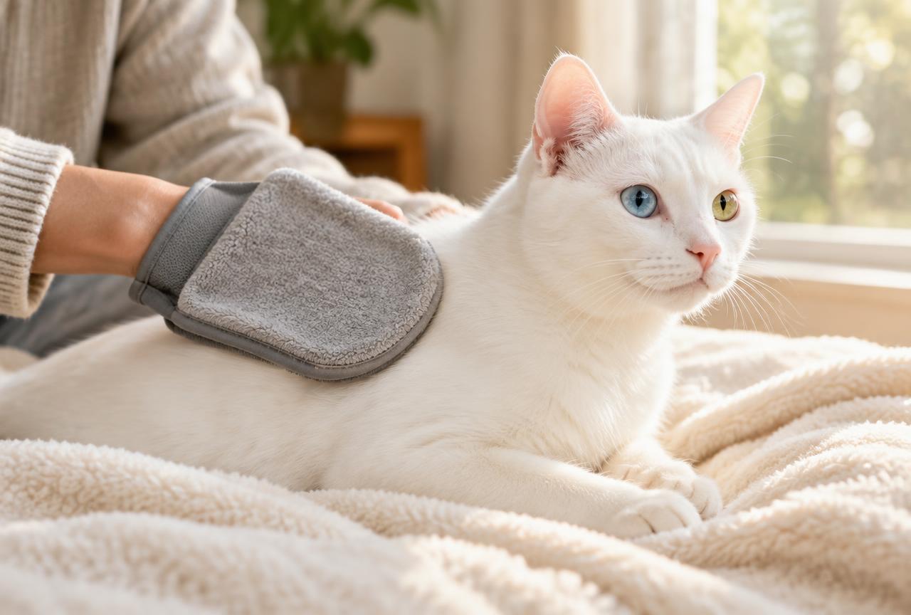 A person grooming a white Khao Manee cat with a soft mitt on a cream blanket