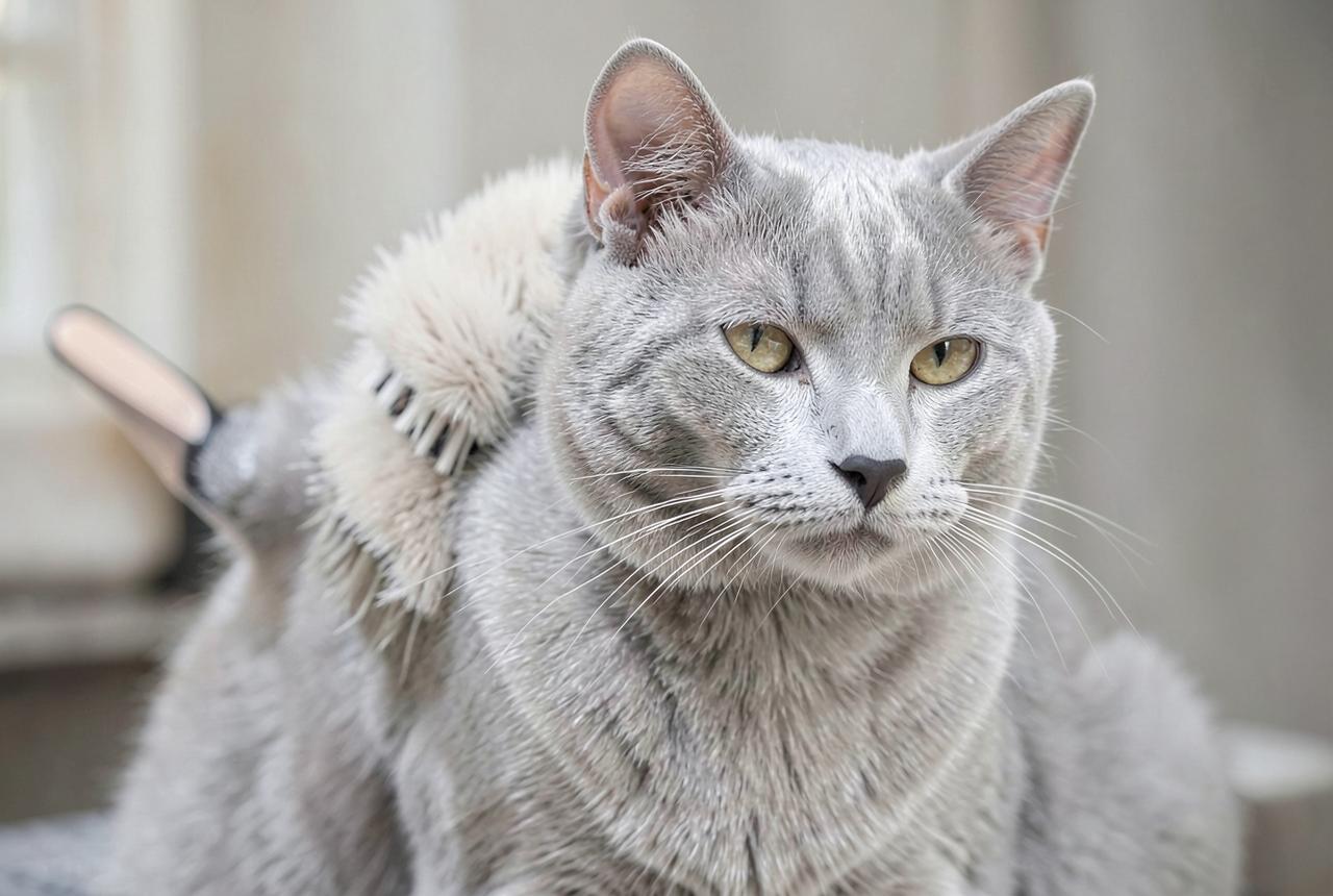 A soft brush being drawn down a Korat’s blue coat in the direction of growth