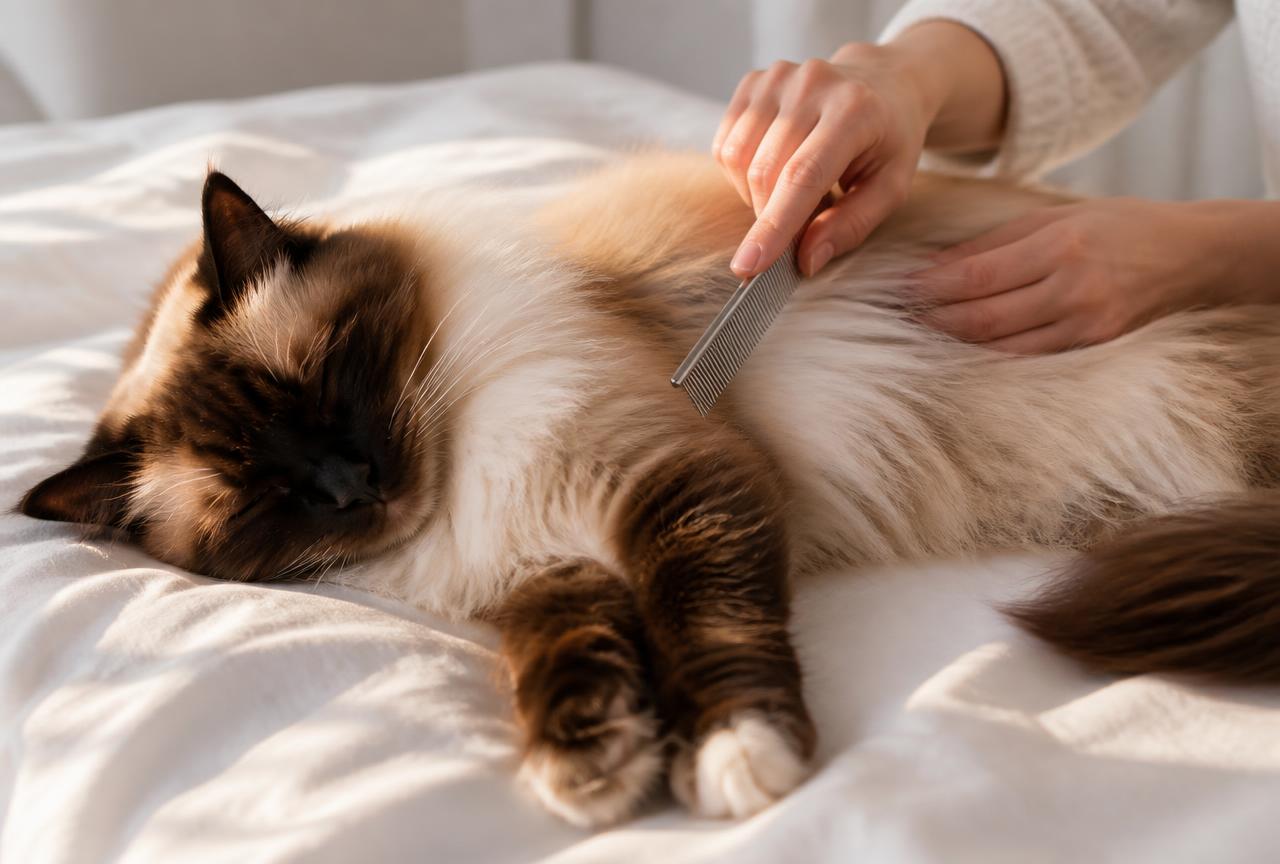 Hands combing the silky coat of a seal point Birman cat lying on a bed
