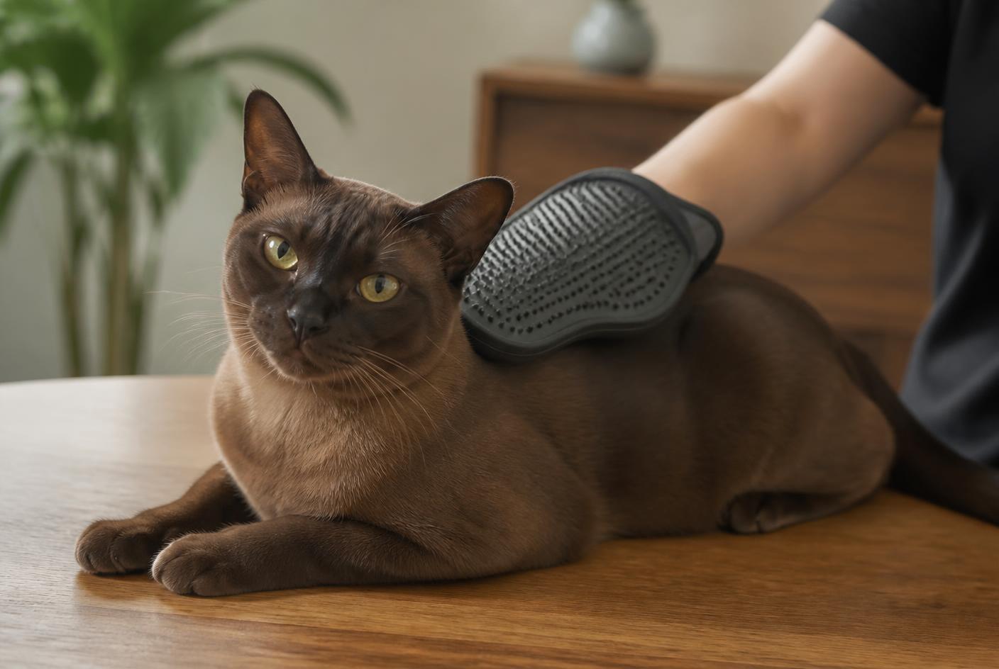 Burmese cat being groomed with a rubber mitt on a wooden table