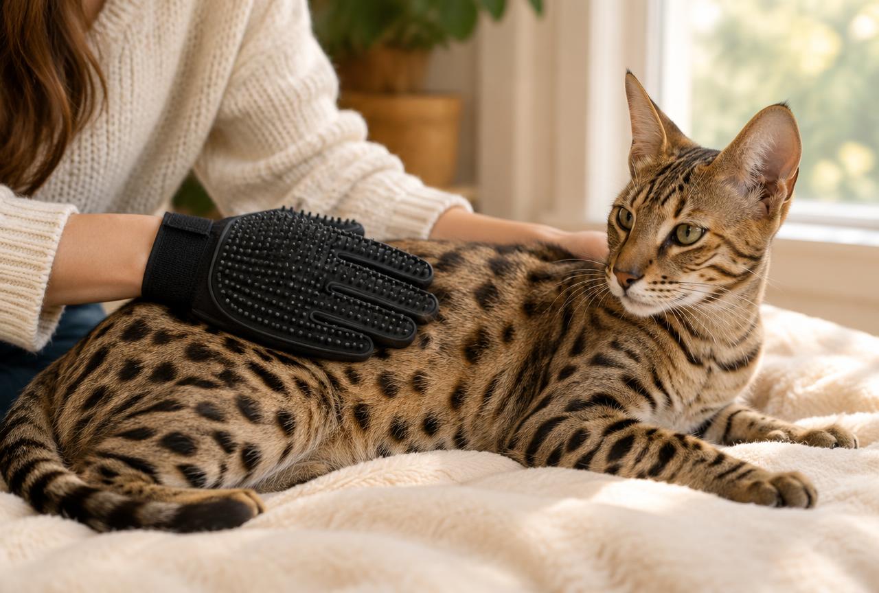 A person grooming the short spotted coat of a Savannah cat with a rubber mitt