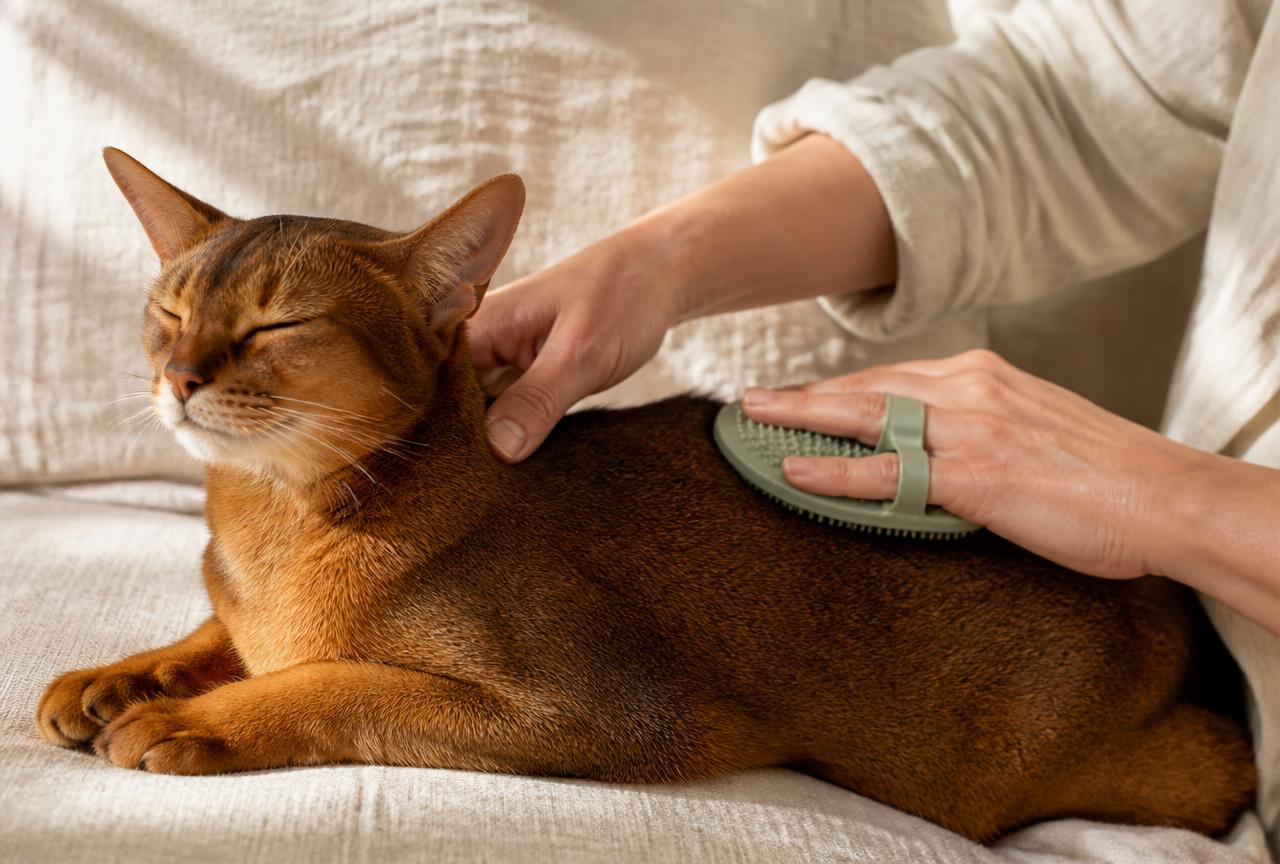 A person grooming a relaxed Abyssinian cat with a rubber grooming mitt on a pale sofa