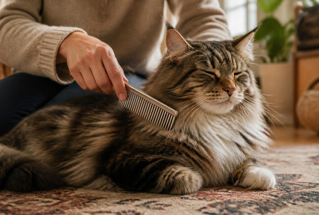 A person combing a contented Norwegian Forest cat with a metal comb