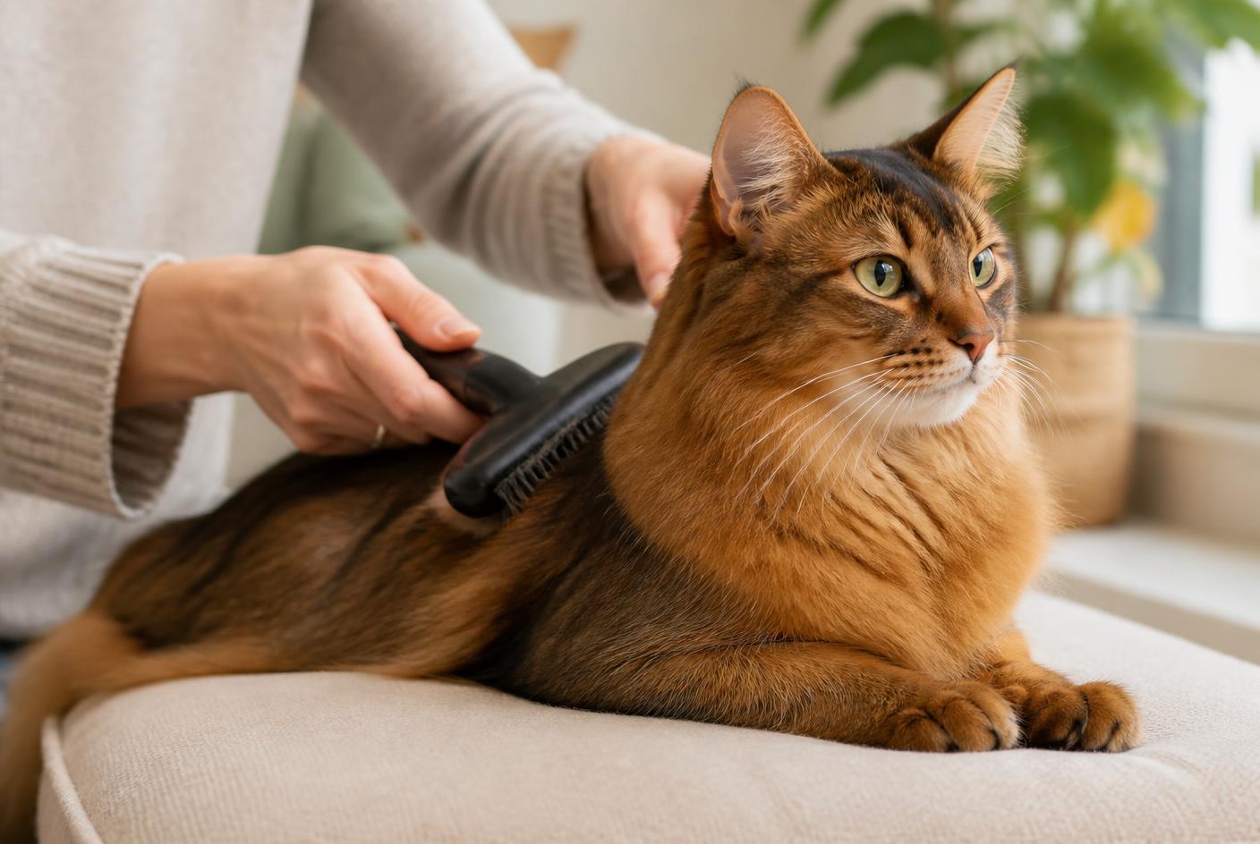 A Somali cat being combed around the ruff, showing its semi-long ticked coat.