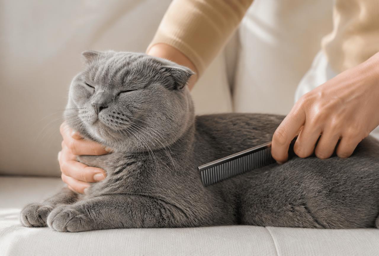Hands combing a plush grey Scottish Fold cat with a metal comb on a pale sofa