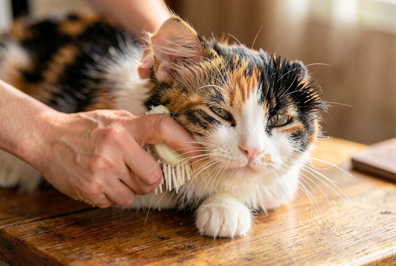 Hands combing a longhaired Japanese Bobtail's coat and tail.