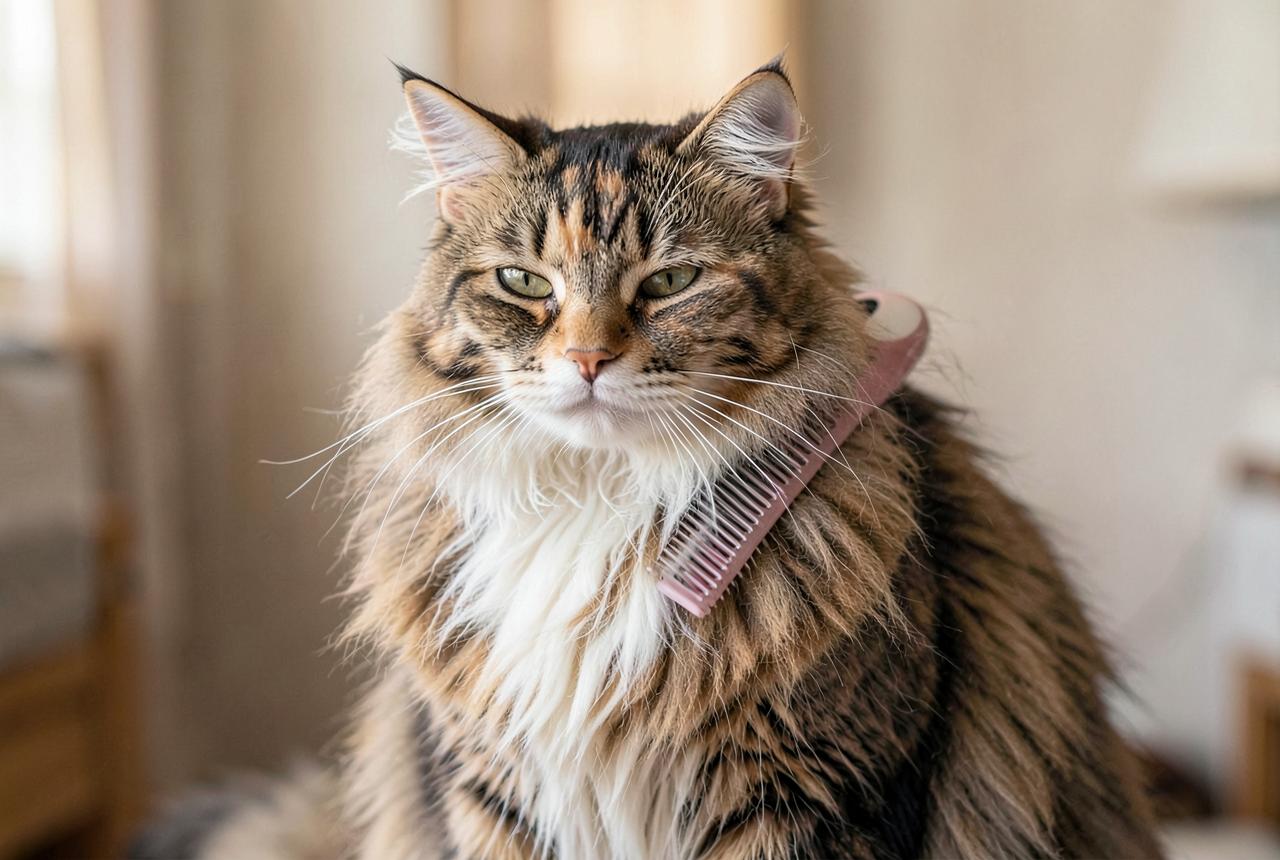 Hands combing the flank of a relaxed Ragamuffin with a wide-tooth comb