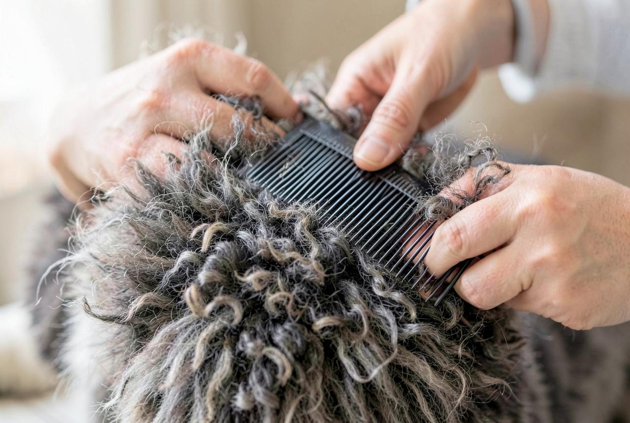 Hands combing a Selkirk Rex's curly coat with a wide-tooth comb.