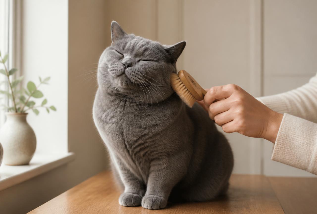 A British Shorthair cat with eyes half closed being brushed on a wooden table beside a window