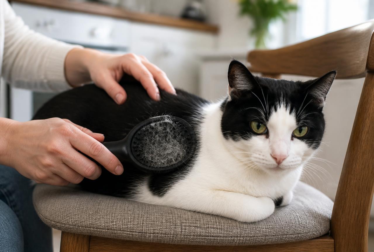 Hands brushing a black and white domestic shorthair cat with a rubber brush on a kitchen chair