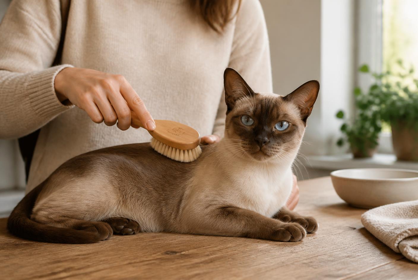A Tonkinese cat being gently brushed with a soft bristle brush on a neutral blanket.