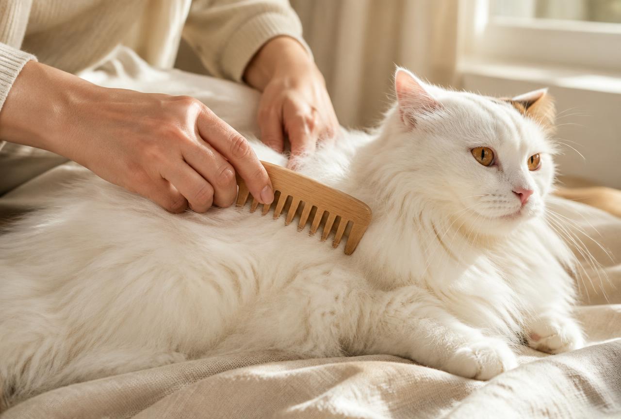 Hands combing the white semi-long coat of a Turkish Van cat on a linen blanket