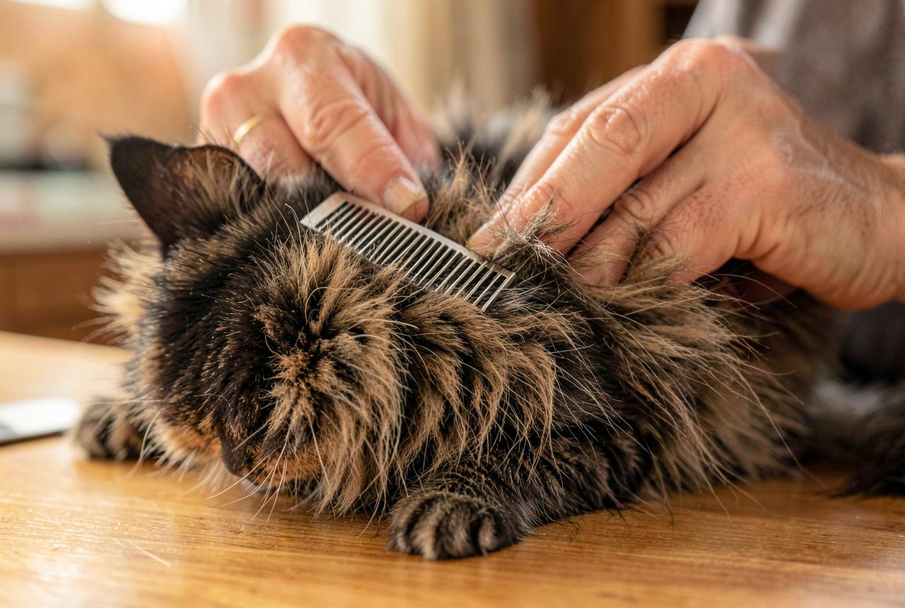 Hands combing a Manx cat's dense coat with a metal comb.