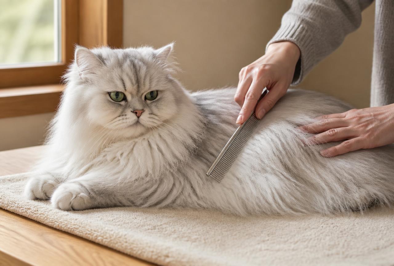A person combing a calm Persian cat''s long coat with a steel greyhound comb on a towel by a window