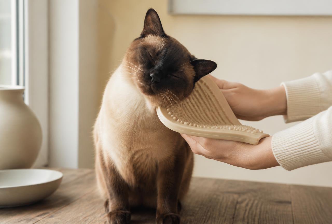 A person stroking a Siamese cat''s short coat with a rubber grooming mitt while the cat leans into it with eyes half closed