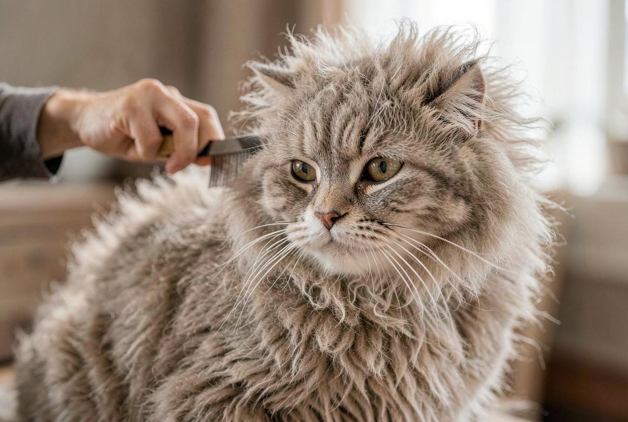 Hands gently combing a damp LaPerm coat with a wide-tooth comb
