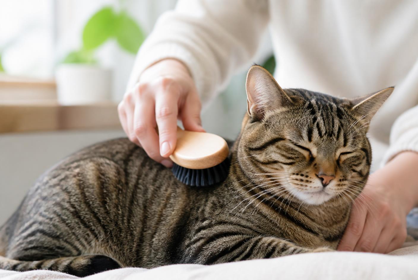 Hands brushing a short dense tabby coat with a soft bristle brush