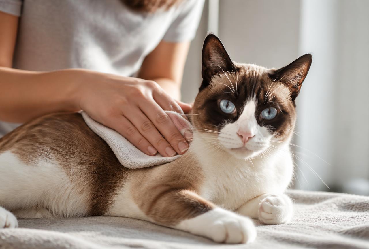 A person gently wiping the short coat of a Snowshoe cat with a soft cloth