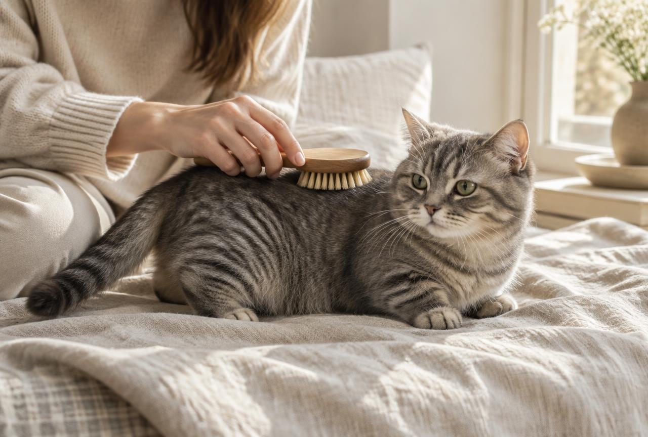 A person brushing a short-legged Munchkin cat with a soft brush