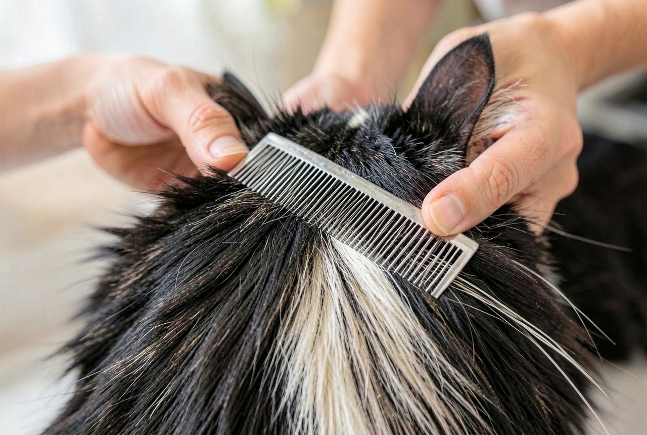 Hands combing a Balinese cat's silky longhaired coat with a metal comb.